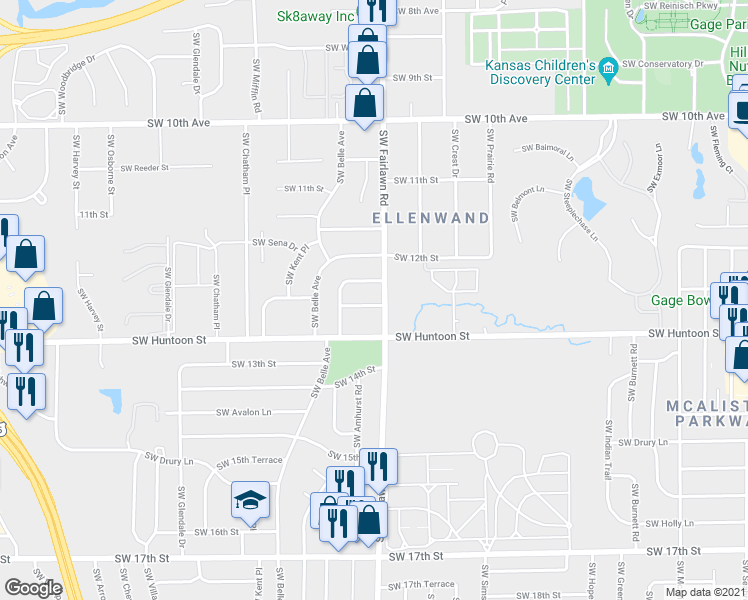 map of restaurants, bars, coffee shops, grocery stores, and more near 5202 Southwest 12th Terrace in Topeka