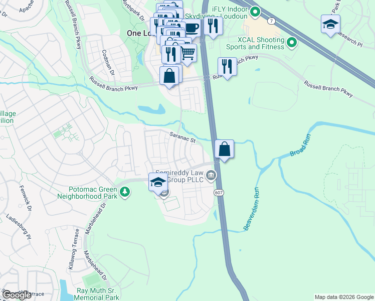 map of restaurants, bars, coffee shops, grocery stores, and more near 20634 Duxbury Terrace in Ashburn