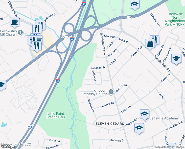 map of restaurants, bars, coffee shops, grocery stores, and more near 11408 Indigo Dr in Beltsville