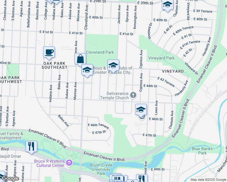map of restaurants, bars, coffee shops, grocery stores, and more near 4414 Jackson Avenue in Kansas City