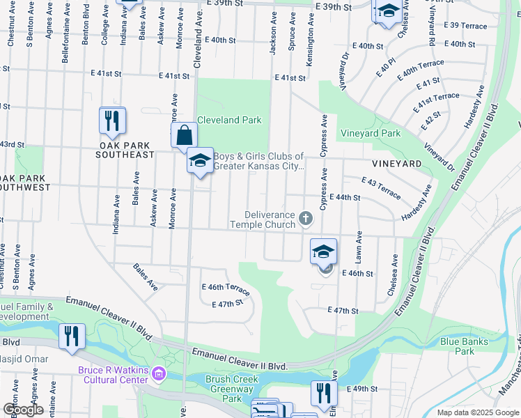 map of restaurants, bars, coffee shops, grocery stores, and more near 4414 Jackson Avenue in Kansas City