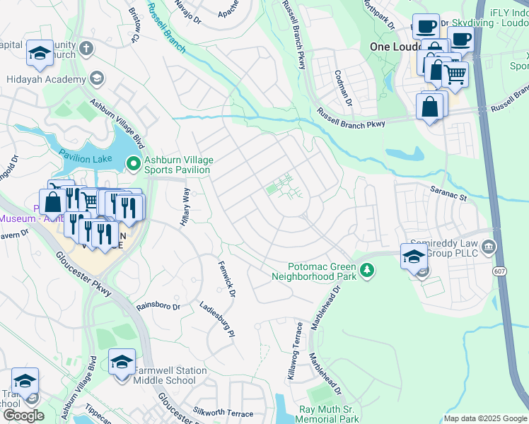 map of restaurants, bars, coffee shops, grocery stores, and more near 20594 Golden Ridge Drive in Ashburn