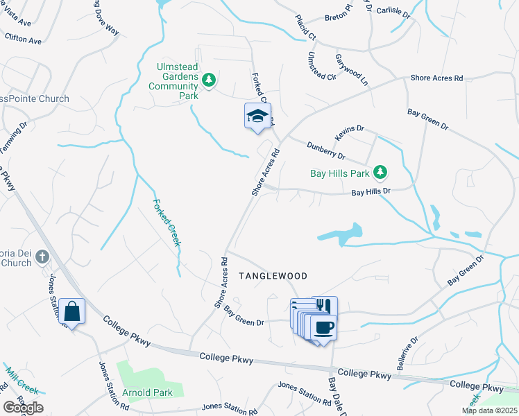 map of restaurants, bars, coffee shops, grocery stores, and more near 457 Shore Acres Road in Arnold