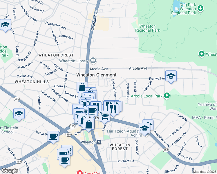 map of restaurants, bars, coffee shops, grocery stores, and more near 11630 Leesborough Circle in Silver Spring