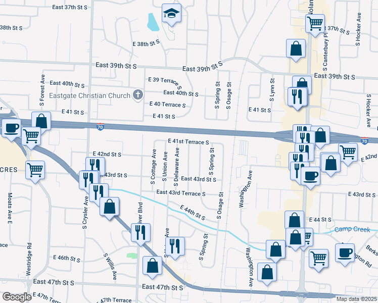 map of restaurants, bars, coffee shops, grocery stores, and more near 4117 South Mc Coy Street in Independence