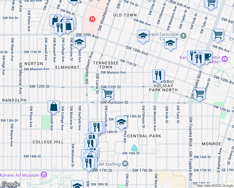 map of restaurants, bars, coffee shops, grocery stores, and more near 1219 SW Buchanan St in Topeka
