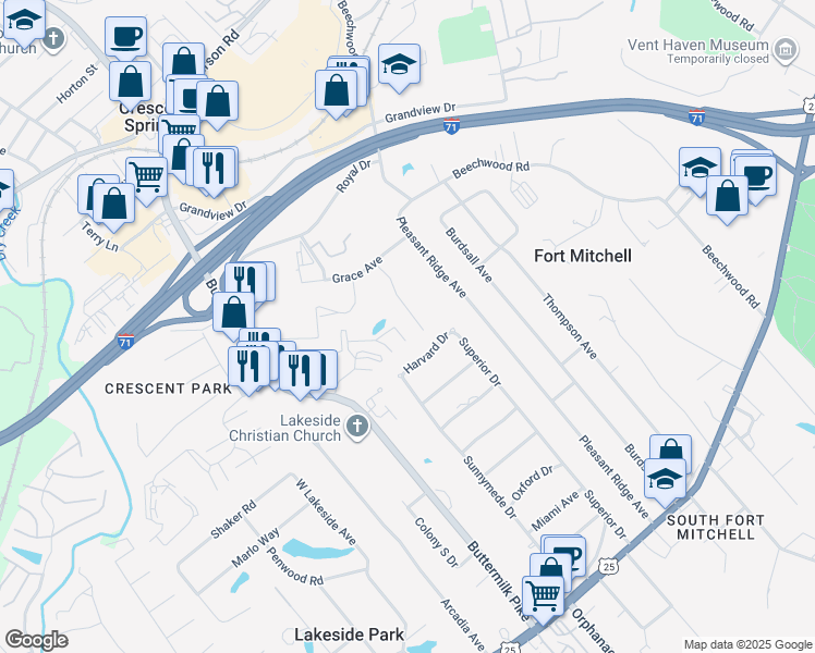 map of restaurants, bars, coffee shops, grocery stores, and more near 127 Kathleen Drive in Fort Mitchell