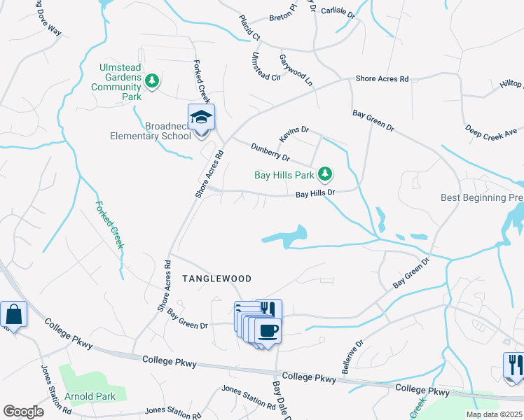 map of restaurants, bars, coffee shops, grocery stores, and more near 523 Bay Hills Drive in Arnold