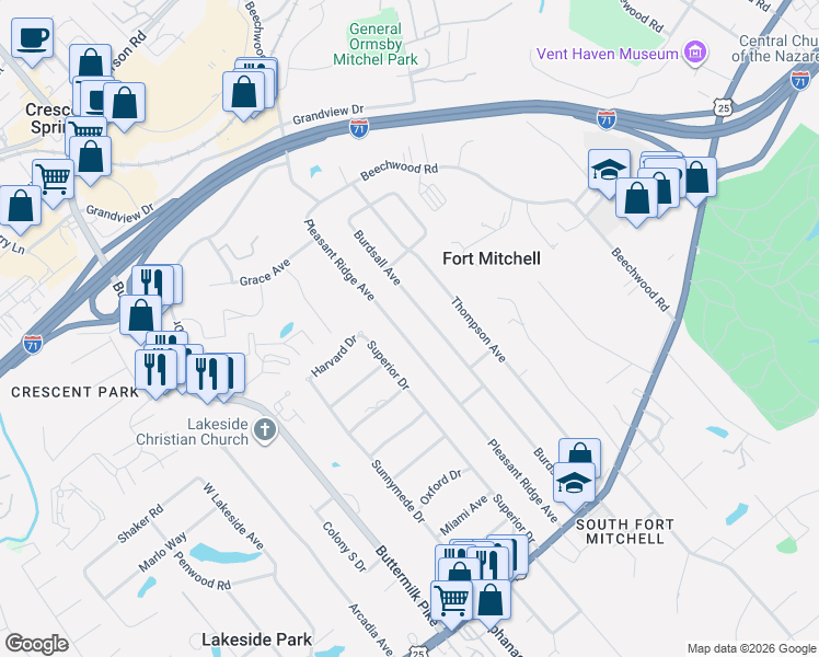 map of restaurants, bars, coffee shops, grocery stores, and more near 99 Burdsall Avenue in Fort Mitchell