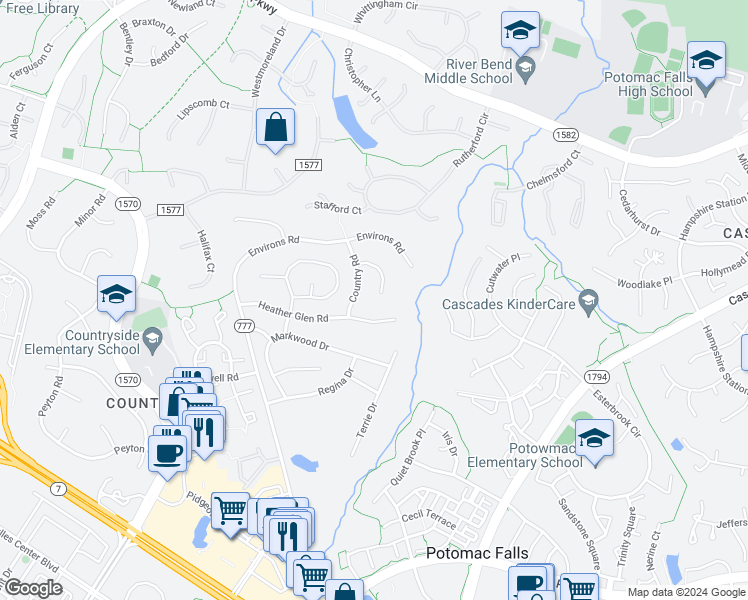 map of restaurants, bars, coffee shops, grocery stores, and more near 211 Winter Frost Court in Sterling