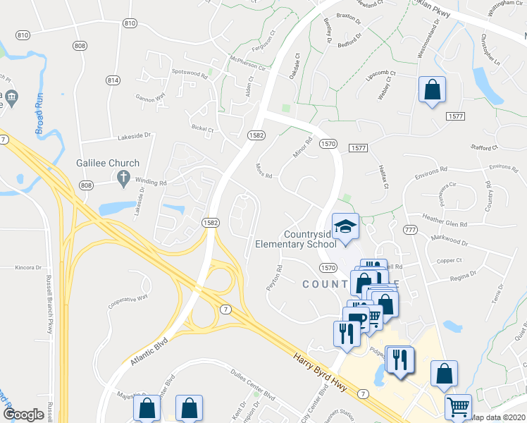 map of restaurants, bars, coffee shops, grocery stores, and more near 20620 Sutherlin Place in Sterling