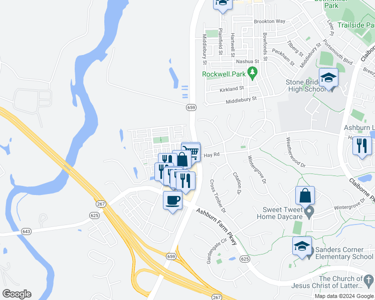 map of restaurants, bars, coffee shops, grocery stores, and more near 20658 Sibbald Square in Ashburn