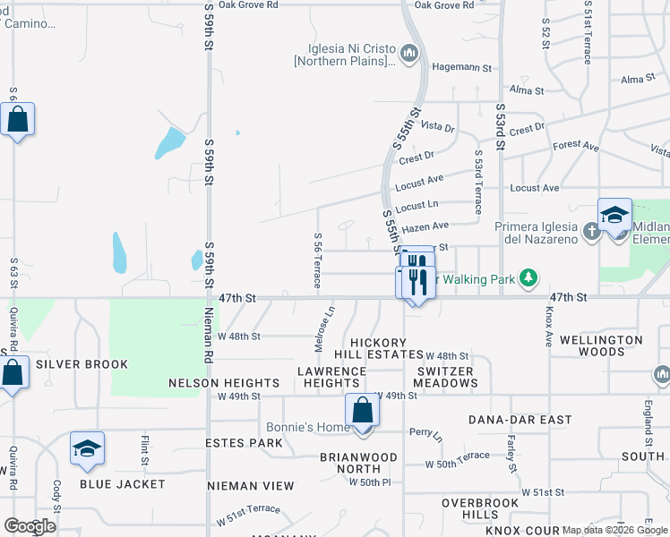 map of restaurants, bars, coffee shops, grocery stores, and more near 5624 Sutton Avenue in Kansas City