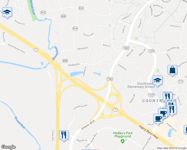 map of restaurants, bars, coffee shops, grocery stores, and more near 45504 Lakemont Square in Sterling