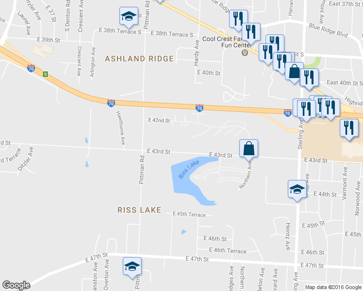 map of restaurants, bars, coffee shops, grocery stores, and more near 10234 East 43rd Street in Kansas City