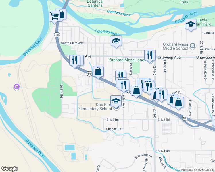 map of restaurants, bars, coffee shops, grocery stores, and more near 2652 Palmer Street in Grand Junction
