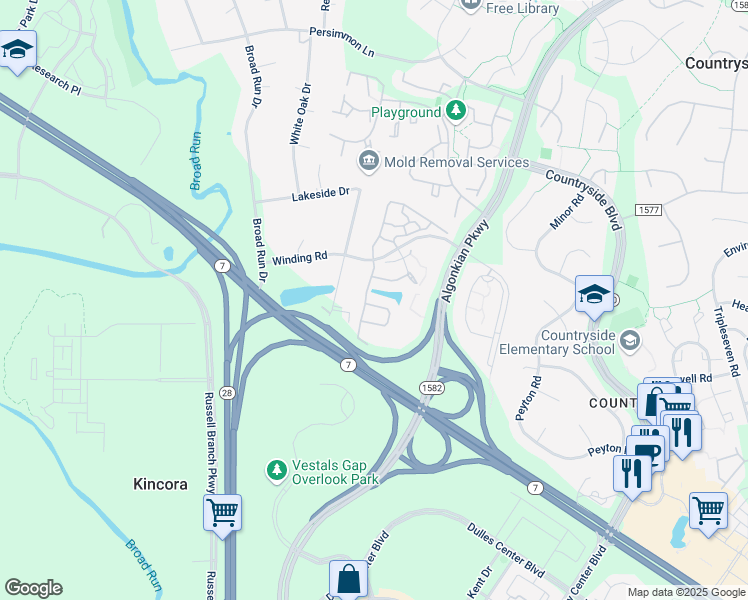 map of restaurants, bars, coffee shops, grocery stores, and more near 45504 Lakemont Square in Sterling