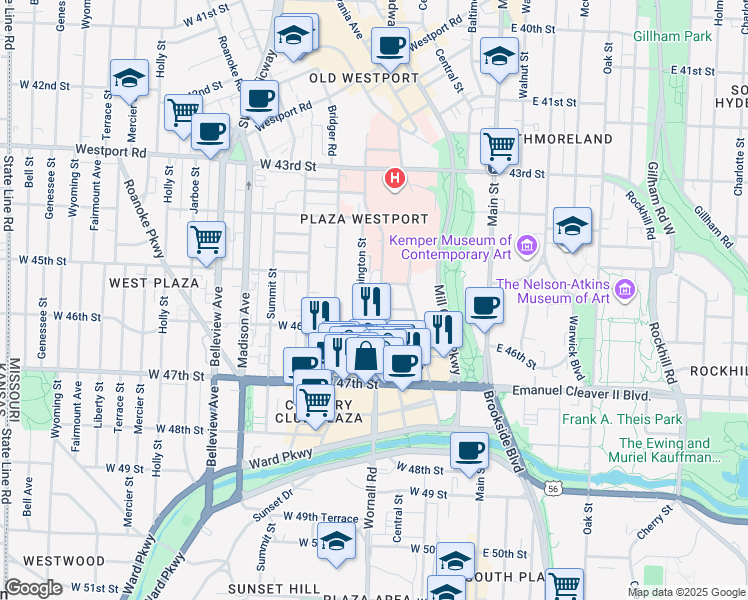 map of restaurants, bars, coffee shops, grocery stores, and more near 4512 Broadway Street in Kansas City