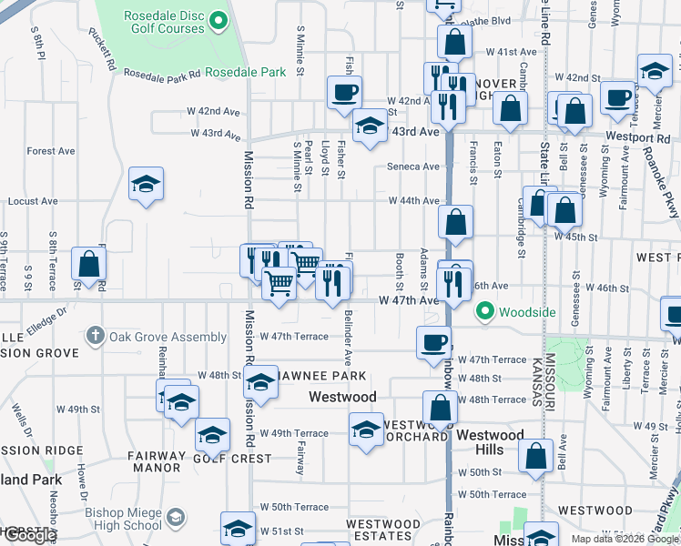 map of restaurants, bars, coffee shops, grocery stores, and more near 4604 Fisher Street in Kansas City