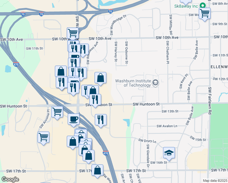 map of restaurants, bars, coffee shops, grocery stores, and more near 1213 Southwest Harvey Street in Topeka