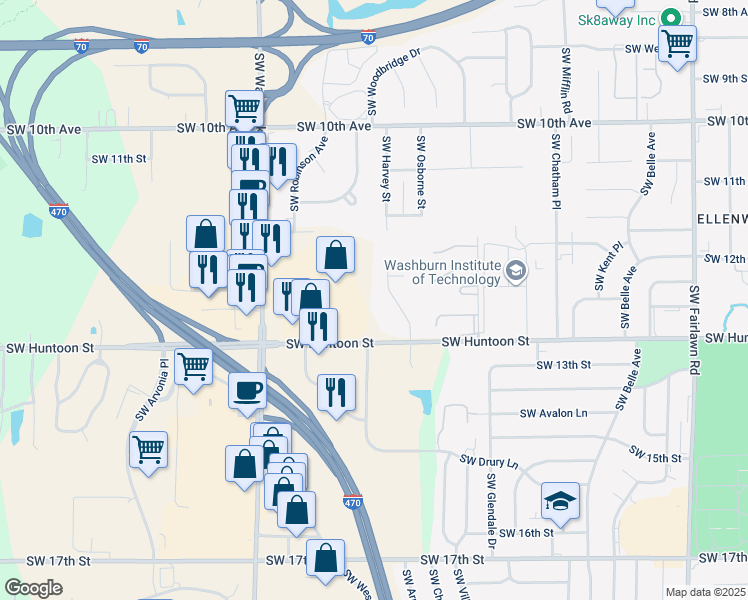 map of restaurants, bars, coffee shops, grocery stores, and more near 1213 Southwest Harvey Street in Topeka