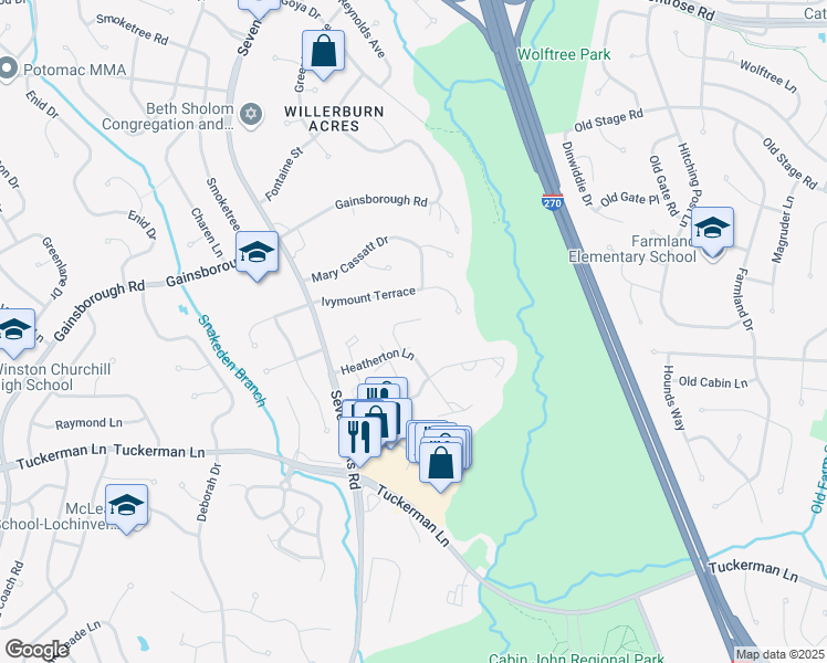 map of restaurants, bars, coffee shops, grocery stores, and more near 7703 Heatherton Lane in Potomac