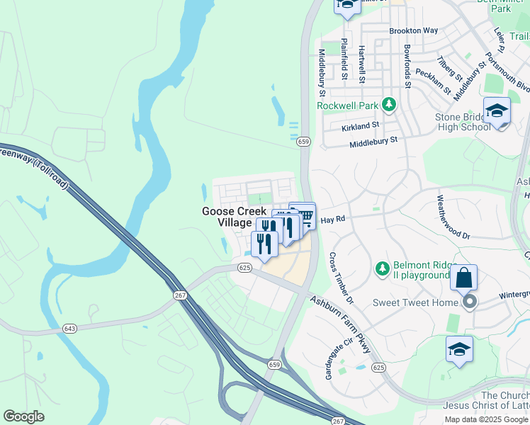 map of restaurants, bars, coffee shops, grocery stores, and more near 20652 Tannahill Terrace in Ashburn
