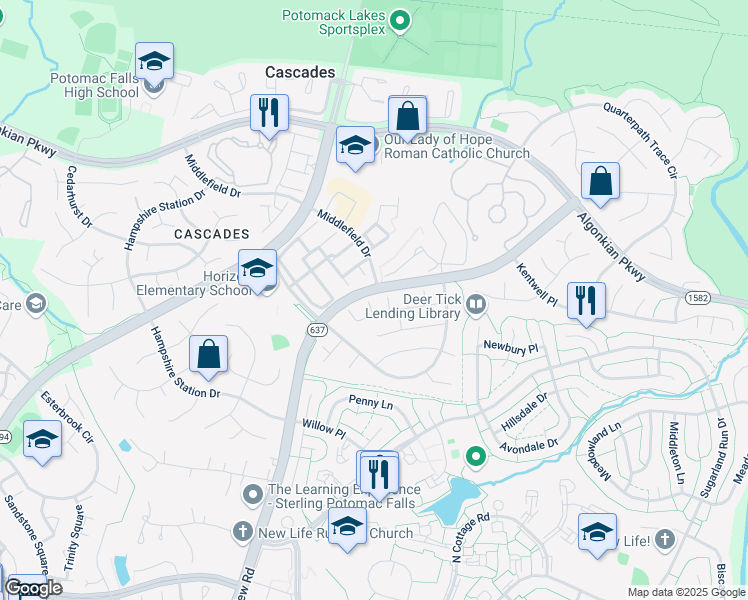 map of restaurants, bars, coffee shops, grocery stores, and more near 46798 Willowood Place in Sterling