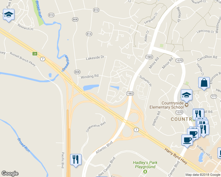 map of restaurants, bars, coffee shops, grocery stores, and more near 45502 Lakemont Square in Sterling