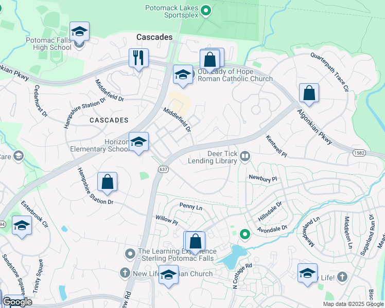 map of restaurants, bars, coffee shops, grocery stores, and more near 46798 Willowood Place in Sterling