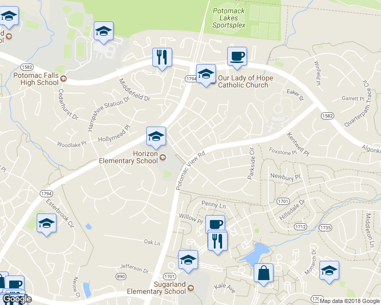 map of restaurants, bars, coffee shops, grocery stores, and more near 20631 Glenmere Square in Sterling