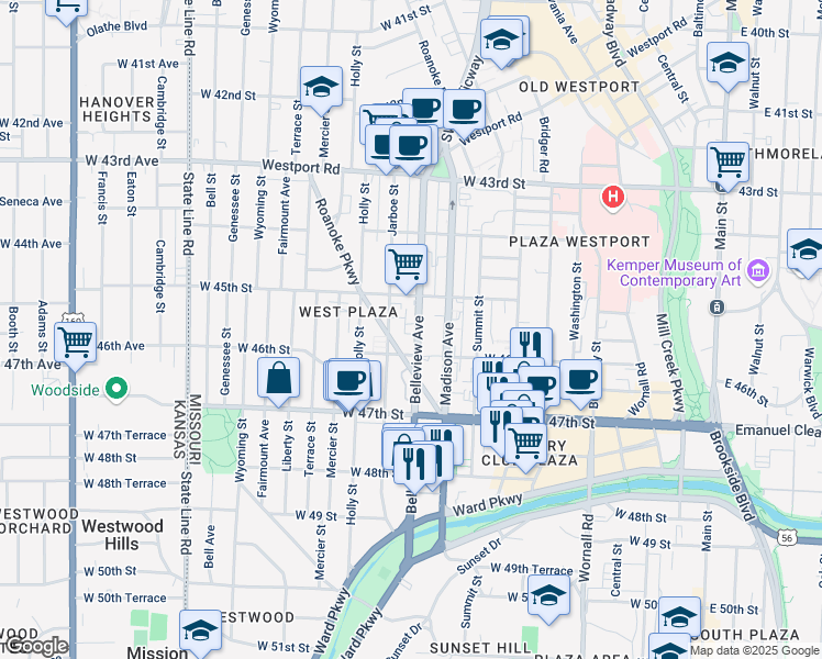 map of restaurants, bars, coffee shops, grocery stores, and more near 4528 Belleview Avenue in Kansas City