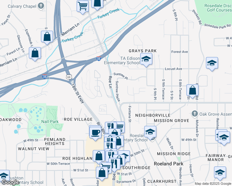 map of restaurants, bars, coffee shops, grocery stores, and more near 3124 Suntree Plaza in Kansas City