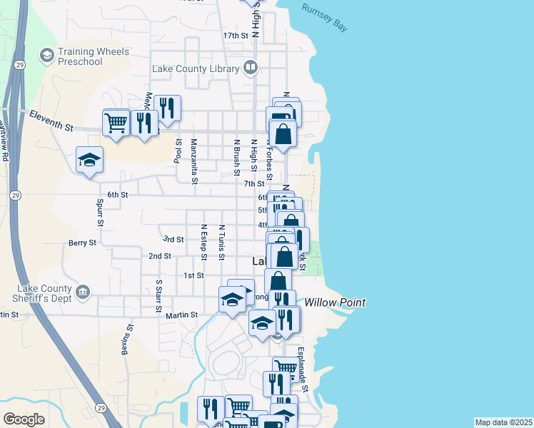 map of restaurants, bars, coffee shops, grocery stores, and more near 455 North Forbes Street in Lakeport