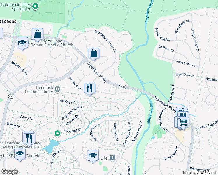map of restaurants, bars, coffee shops, grocery stores, and more near 20612 Cherrywood Court in Sterling