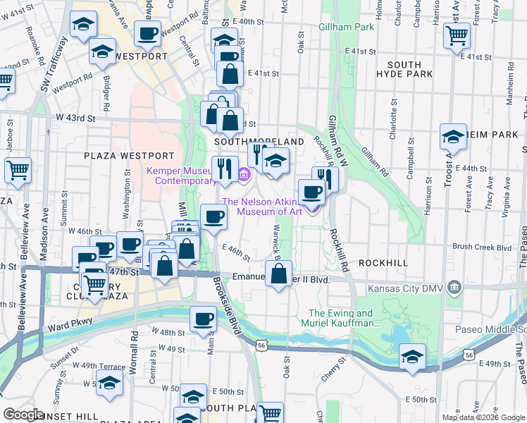 map of restaurants, bars, coffee shops, grocery stores, and more near 4526 Warwick Boulevard in Kansas City