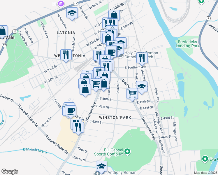map of restaurants, bars, coffee shops, grocery stores, and more near 3899 Locke Street in Covington