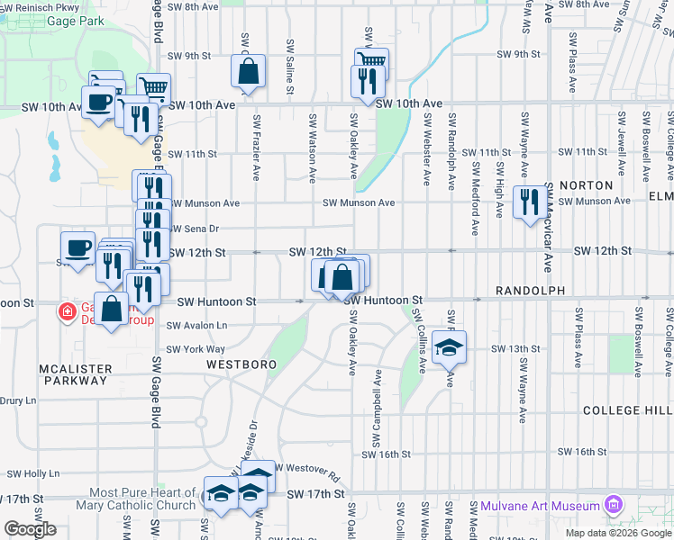 map of restaurants, bars, coffee shops, grocery stores, and more near 1212 Southwest Lakeside Drive in Topeka