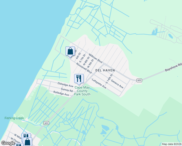 map of restaurants, bars, coffee shops, grocery stores, and more near 106 South 10th Street in Middle Township