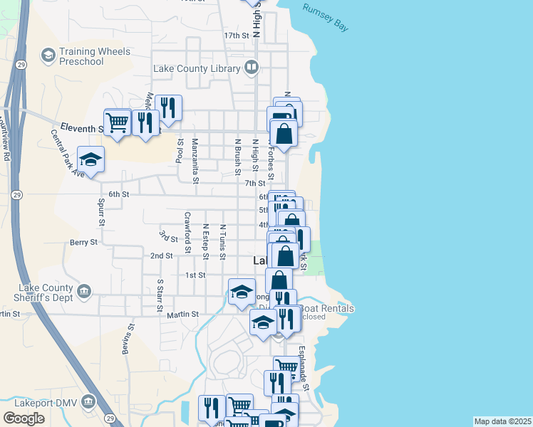 map of restaurants, bars, coffee shops, grocery stores, and more near 420 North Forbes Street in Lakeport