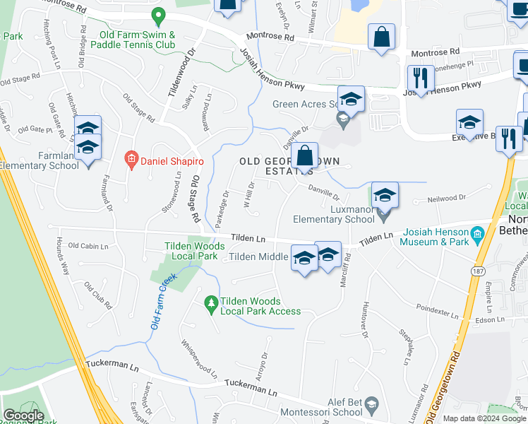 map of restaurants, bars, coffee shops, grocery stores, and more near 11501 West Hill Drive in Rockville