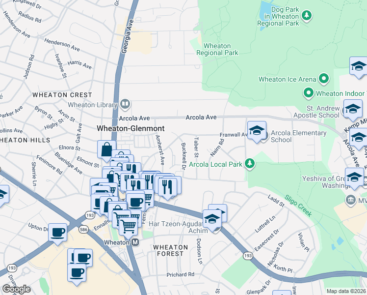 map of restaurants, bars, coffee shops, grocery stores, and more near 11514 Bucknell Drive in Silver Spring