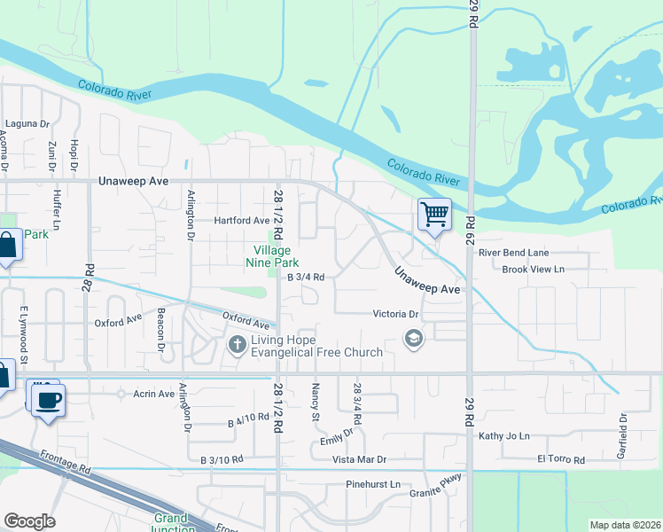 map of restaurants, bars, coffee shops, grocery stores, and more near 277 Gill Creek Court in Grand Junction