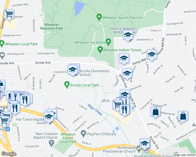 map of restaurants, bars, coffee shops, grocery stores, and more near 11524 Colt Terrace in Silver Spring
