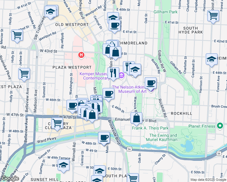 map of restaurants, bars, coffee shops, grocery stores, and more near 1 East 45th Street in Kansas City