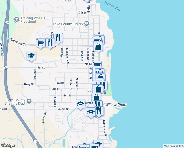 map of restaurants, bars, coffee shops, grocery stores, and more near 475 North Forbes Street in Lakeport