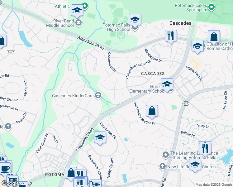 map of restaurants, bars, coffee shops, grocery stores, and more near 20608 Middlecreek Court in Sterling