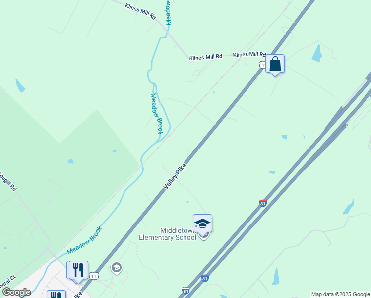 map of restaurants, bars, coffee shops, grocery stores, and more near 7036 Valley Pike in Middletown