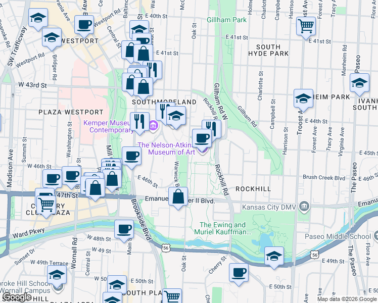 map of restaurants, bars, coffee shops, grocery stores, and more near 4527 Oak Street in Kansas City