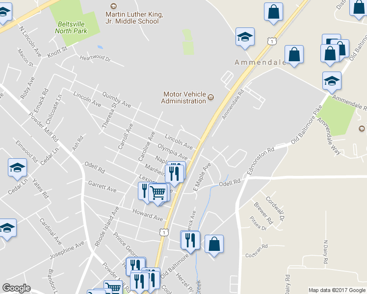 map of restaurants, bars, coffee shops, grocery stores, and more near 5011 Lincoln Avenue in Beltsville
